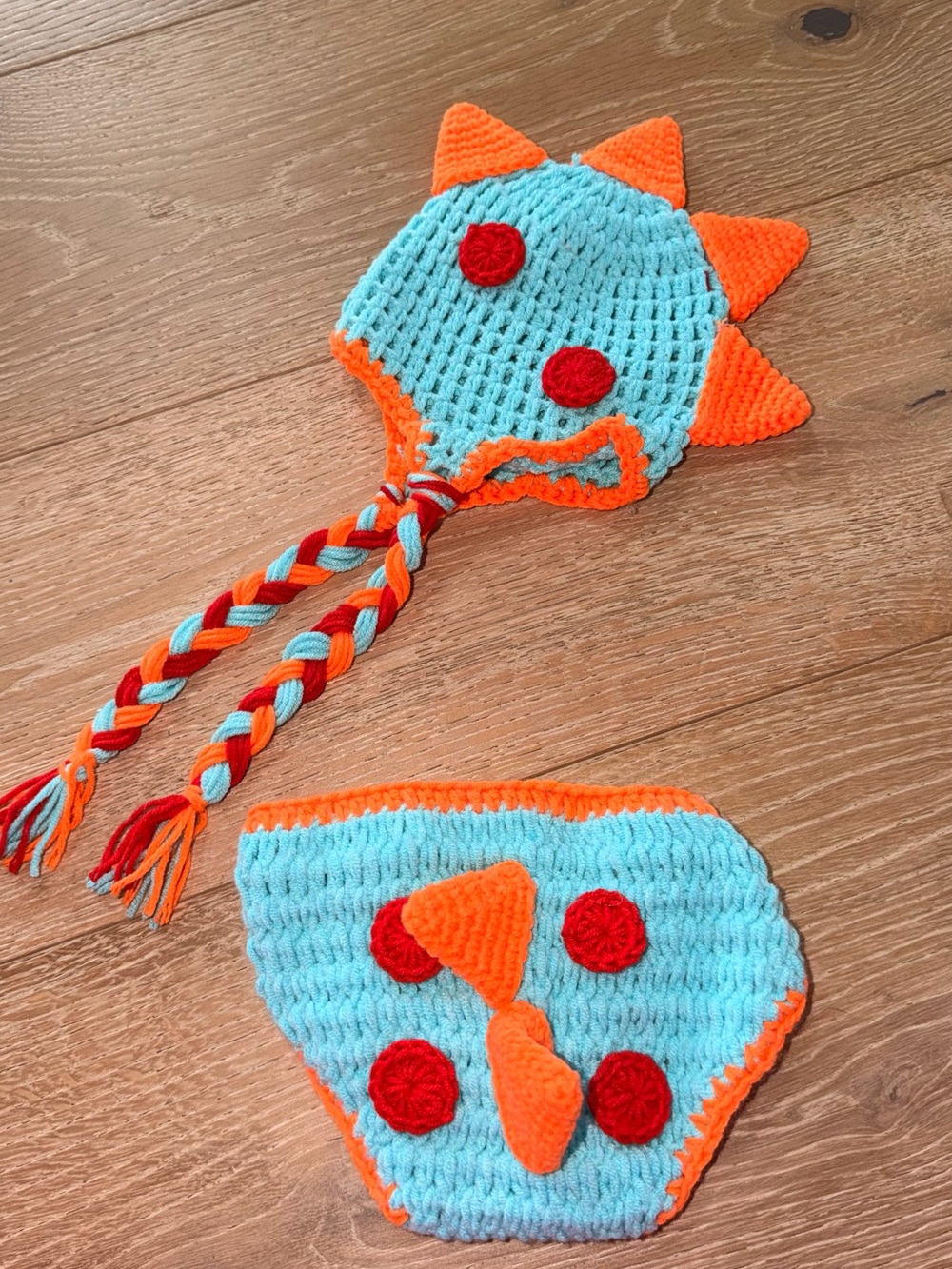 Handmade newborn Dino Hat & Diaper Cover Set - Aqua & Orange